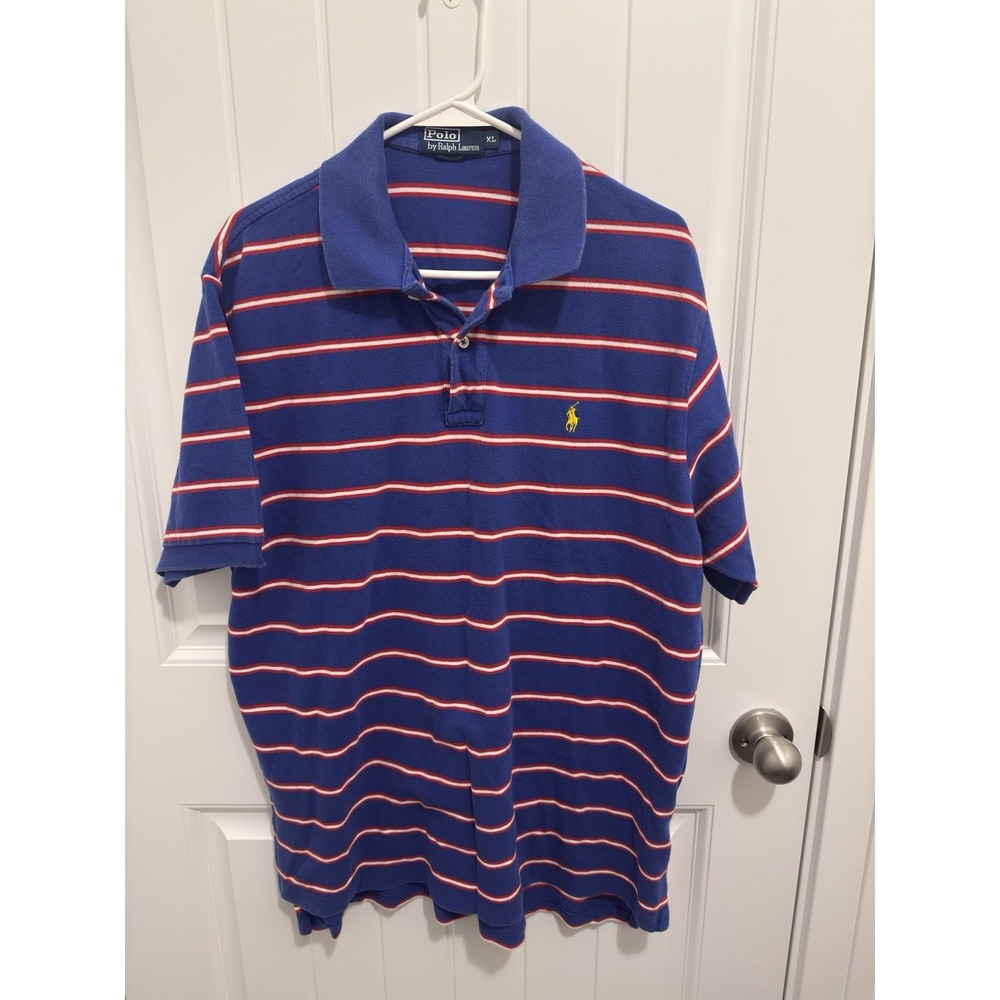 Polo Ralph Lauren Men's Blue Polo Red/whote Stripes Size XL‎